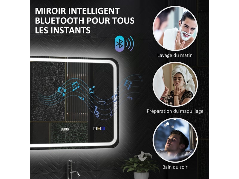  Miroir salle de bain bluetooth avec éclairage led 60 x 80 cm, miroir lumineux mural avec horloge, antibuée, argenté  - Conforama E