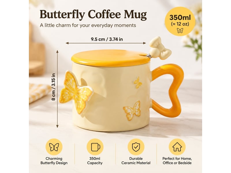  Mug en céramique, motif papillon, jaune, 350 ml  - Conforama E