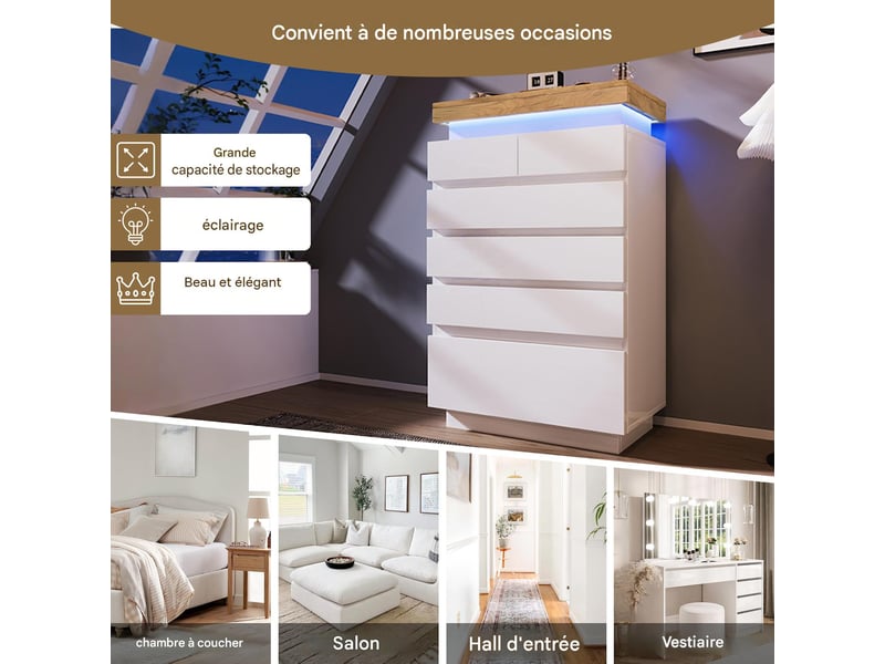  Commode 6 tiroirs avec éclairage led blanc brillant 73 x 39 x 115 cm  - Conforama E