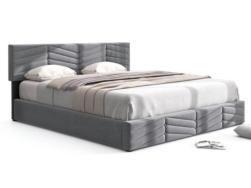 Lit coffre double 160 x 200 cm avec tête de lit réglable et sommier relevable, revêtement en velours à lignes verticales, velours, gris Morn Vibe - Conforama A