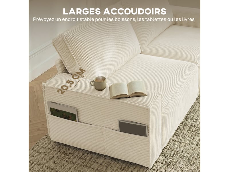  Canapé 3 places en velours côtelé 218 cm, canapé salon,  coussins à ressorts, larges accoudoirs, beige, 2 coussins  - Conforama E