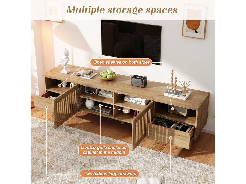  Meuble tv 180x40x51 cm avec 2 portes à grille et 2 tiroirs de rangement en mdf, coloris bois naturel, design simple  - Conforama D