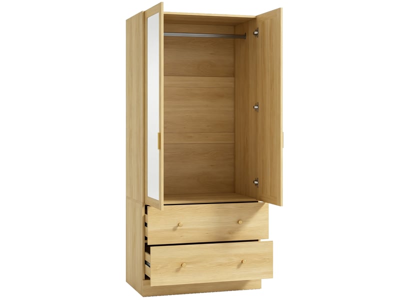 Armoire chambre penderie avec miroir, 2 portes, 2 tiroirs et barre de suspension, 80 x 50 x 180 cm, chêne - Conforama A