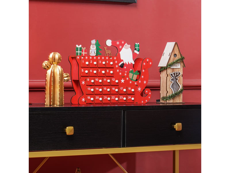  Calendrier de l'avent à remplir en bois, décoration de noël avec 24 tiroirs, père noël et traîneau, 22,5x8x36cm, rouge  - Conforama D