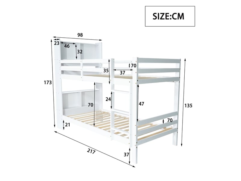 Lit superposé enfant 90x200 avec rangement, étagères et échelle de sécurité, cadre de lit en bois massif - Conforama C