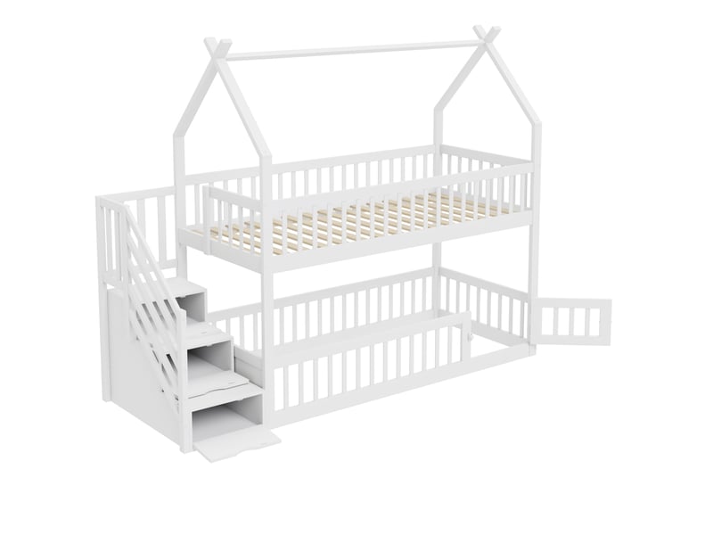  Lit superposé cabane 90 × 200 cm, pin massif, escalier sécurisé avec tiroirs intégrés, barrières, blanc  - Conforama A