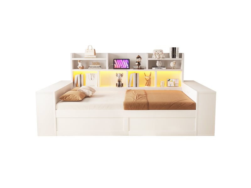  Lit d'appoint bois 90 × 200 cm, rangement hydraulique, étagères, prises et éclairage led, blanc moderne  - Conforama A