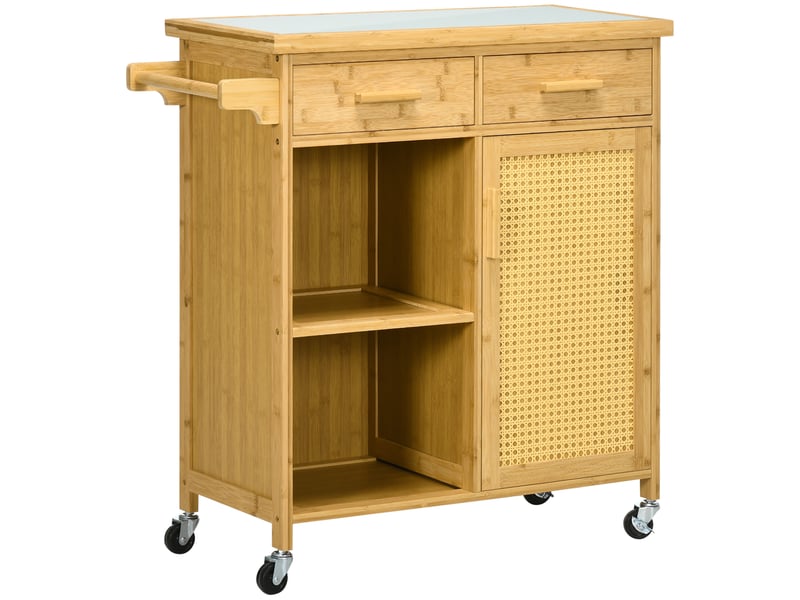  Chariot de cuisine avec 2 tiroirs, placard et roulettes - lpospi - plan en verre, bambou naturel - 84 × 36 × 85 cm  - Conforama A