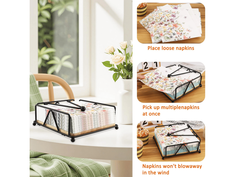 Porte serviette de table, distributeur de serviettes en métal barre lestée, 18 x18 x 8 cm porte-serviettes papier avec base en bois - Conforama D
