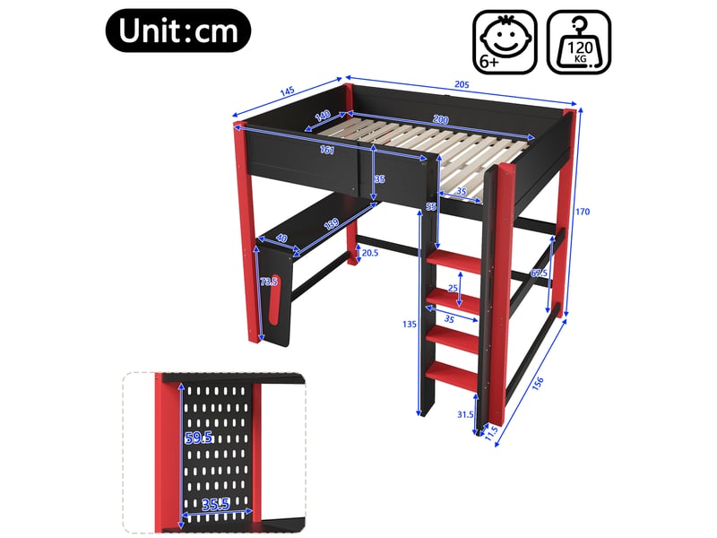  Lit mezzanine enfant 140x200 cm, bureau, panneau perforé, led multicolore, pin et mdf, noir + bois naturel Radiant Stride - Conforama C