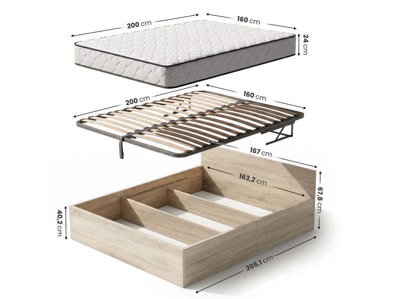  Lit coffre 160x200 cm sommier relevable en métal et matelas à ressorts chêne sonoma  - Conforama C