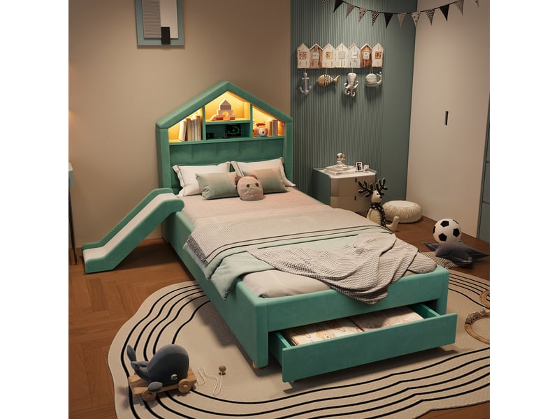  Lit enfant cabane 90x200 avec toboggan et rangement homvra  - Conforama B
