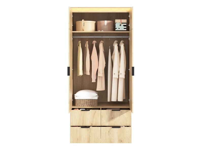  Armoire 2 portes avec miroir, 4 tiroirs, penderie et éclairage led pour chambre en mdf chêne 90 × 47 × 200 cm  - Conforama A