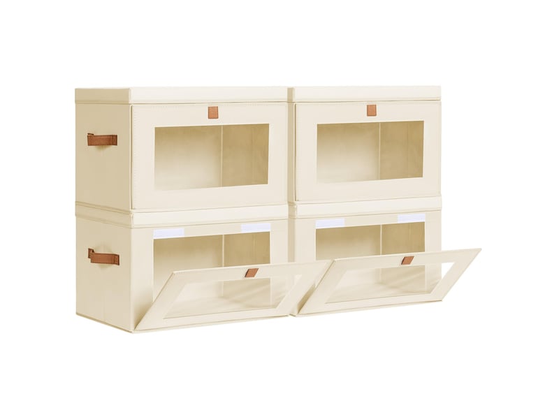  Lot de 4 bacs de rangement pliables en toile oxford beige avec fenêtre – organiseur pour vêtements et dressing  - Conforama A