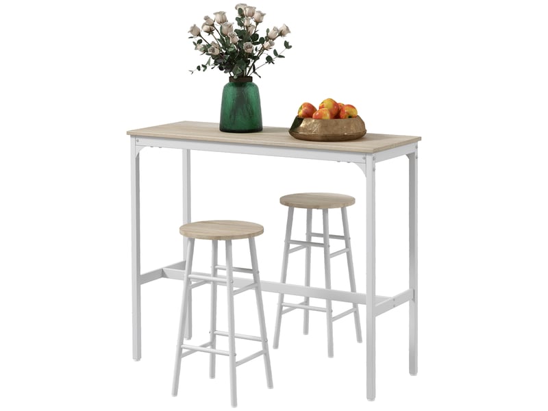  Ensemble table haute et deux tabourets de bar avec repose-pieds, style industriel, blanc et chêne.  - Conforama B