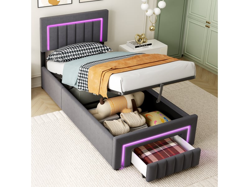 Lit coffre 90x200 cm avec boxspring, led et tiroirs de rangement - revêtement en velours gris foncé, structure métal et bois  - Conforama D