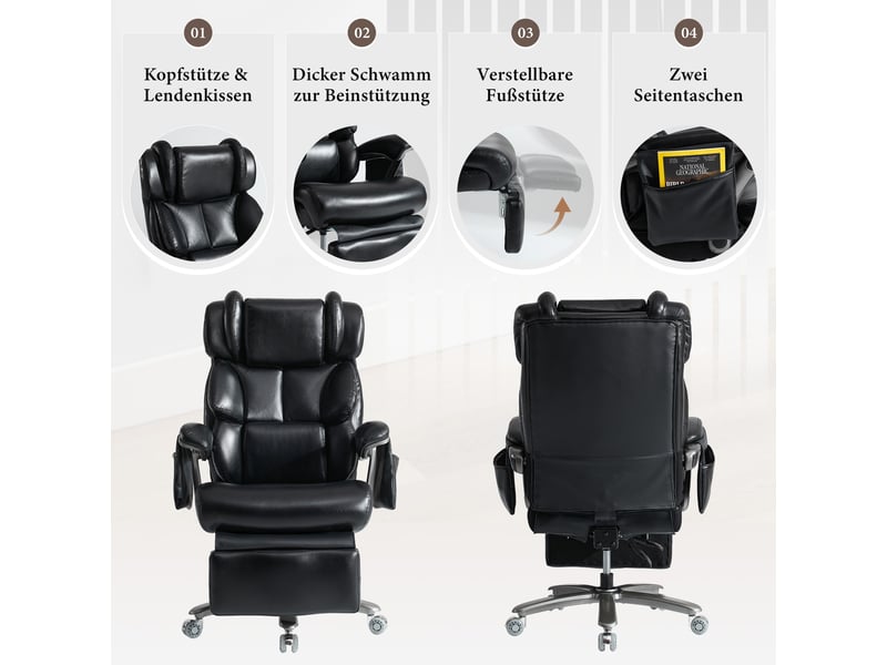  Chaise de bureau pivotante avec massage et chauffage, repose-pieds et dossier inclinable en cuir pu noir  - Conforama E