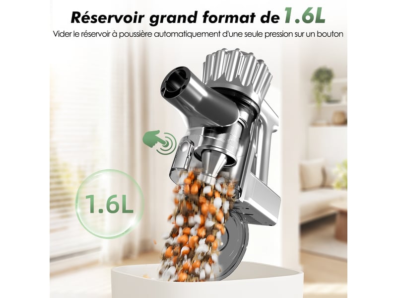  Aspirateur balai auto-portant puissant sans fil42kpa, 60 min d'autonomie, 2 vitesses, 6 en 1, capacité 1,6l, lumière verte  - Conforama W