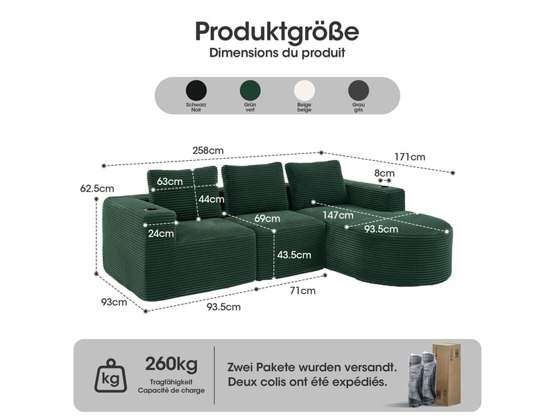  Canapé droit 2 places avec porte-gobelets  - 3 coussins, double mousse polyester vert rétro 265 × 176 × 60 cm  - Conforama D