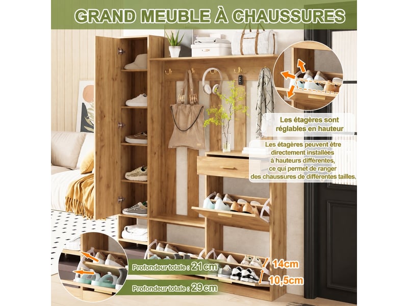 Vestiaire d’entrée avec miroir et rangement chaussures, naturel, 133 x 23,5 x 180 cm - Conforama E