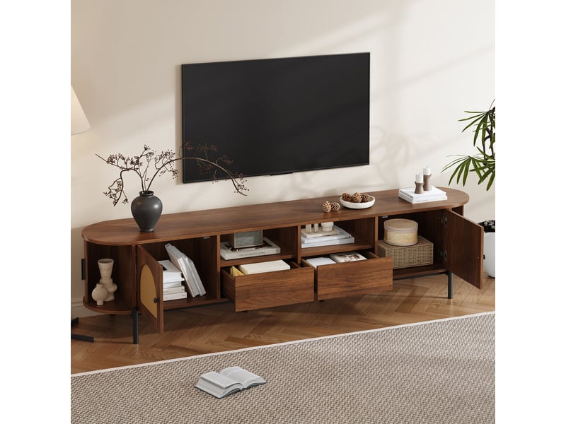  Meuble tv ovale avec 4 portes, 2 tiroirs et niches pour salon 200×40×49,5 cm en mdf noyer  - Conforama C