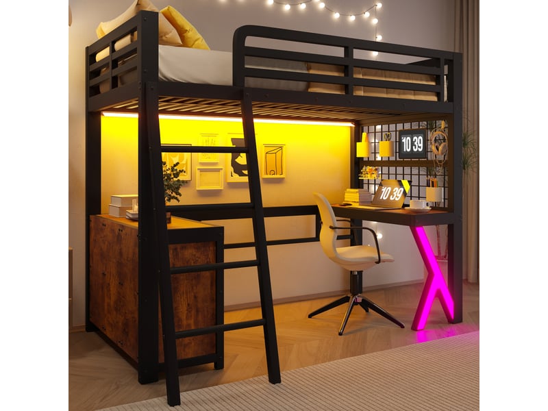 Lit mezzanine 90x200 cm avec bureau et armoire - lit haut 2 places avec bande led, rangements et échelle, métal noir evarich - Conforama E