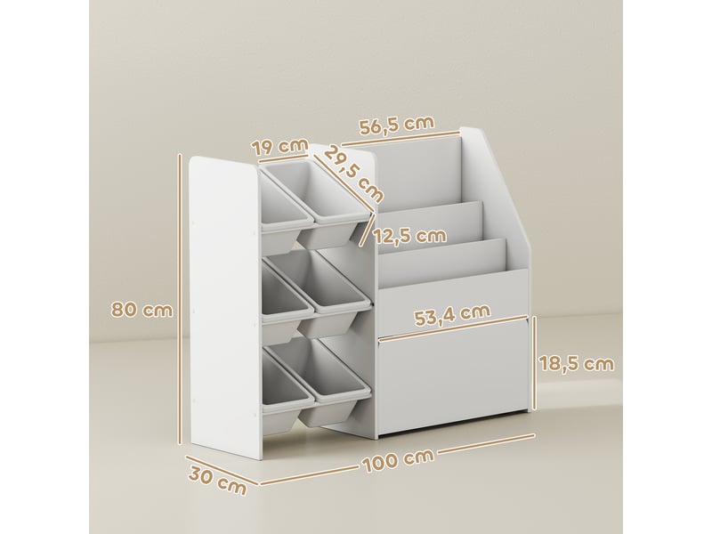  Meuble rangement enfant rangement jouet enfant 6 bacs amovibles et grand coffre à roulettes blanc 100 x 30 x 80 cm  - Conforama C