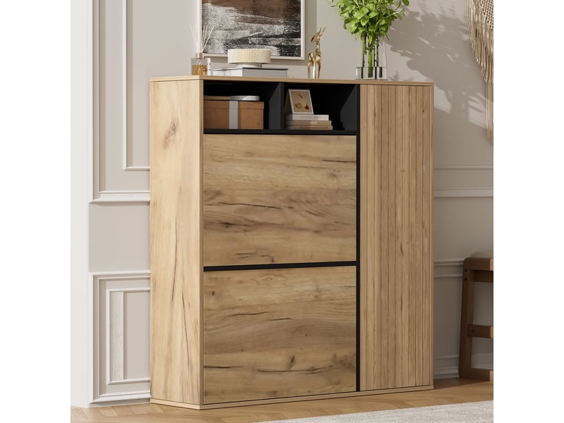  Meuble à chaussures 90x24x94cm - meuble à chaussures avec 2 abattants, 1 porte et niches ouvertes - bois et noir  - Conforama D