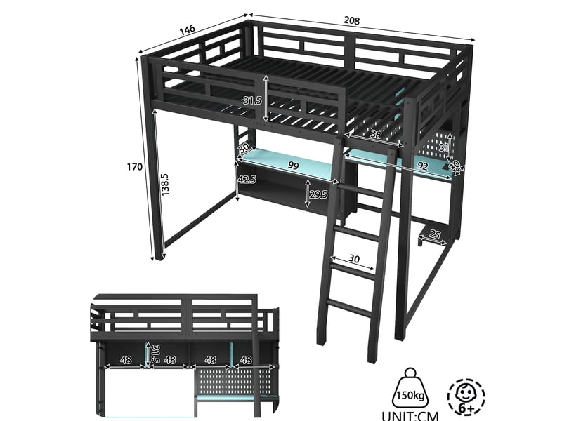  Lit mezzanine 140x200 cm noir et bleu en mdf et métal, bureau, étagères et éclairage led rgb intégré  - Conforama C