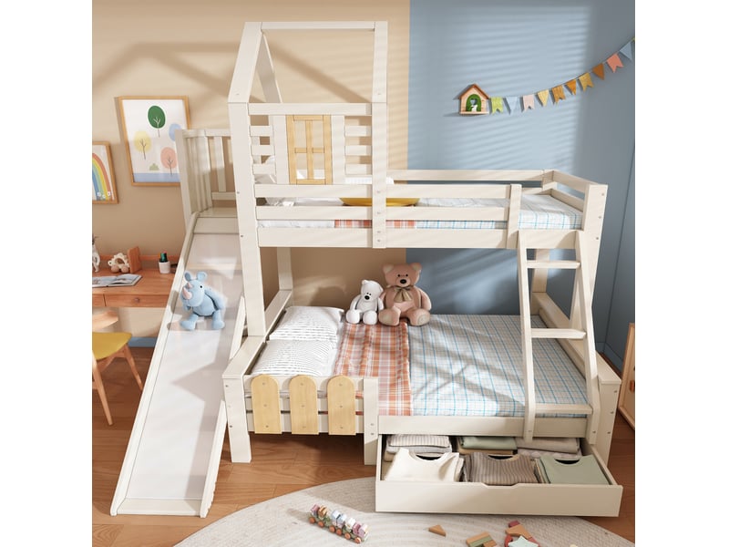  Modenvie lit superposé cabane 90x200 et 140x200 cm - avec toboggan, tiroir de rangement, sans matelas - blanc  - Conforama E