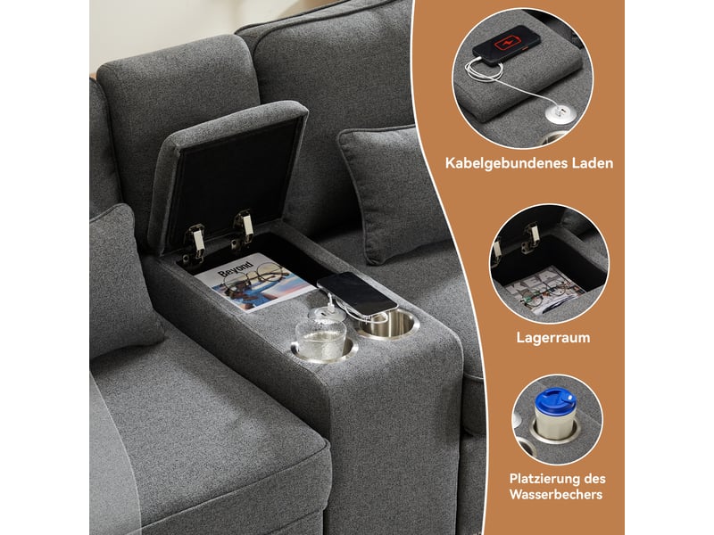  Canapé droit 4 places tissu lin gris foncé avec usb porte-gobelets rangement intégré design moderne salon  - Conforama E