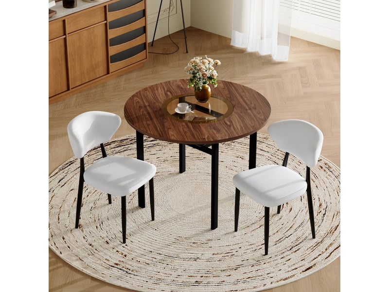  Ensemble table ronde et chaises blanches, table ronde diamètre 100 cm, plateau effet bois et 2 sièges en similicuir blanc  - Conforama B