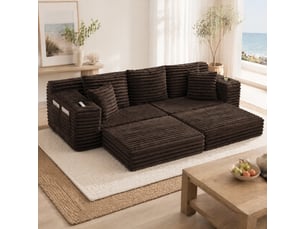 Canapé convertible modulable 4 places en velours côtelé avec porte-gobelets evryae