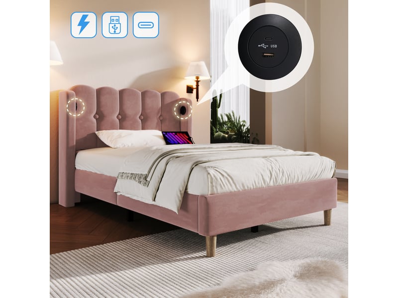  Lit rembourré, lit enfant 90x200 cm, usbusb-c, velours rose, matelas inclus  - Conforama R