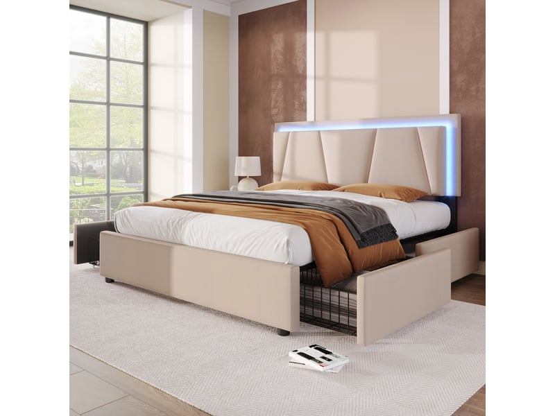  Lit capitonné, lit double 160x200 cm, 4 tiroirs, rangement intégré, led, tête de lit réglable, bois beige, matelas inclus  - Conforama E