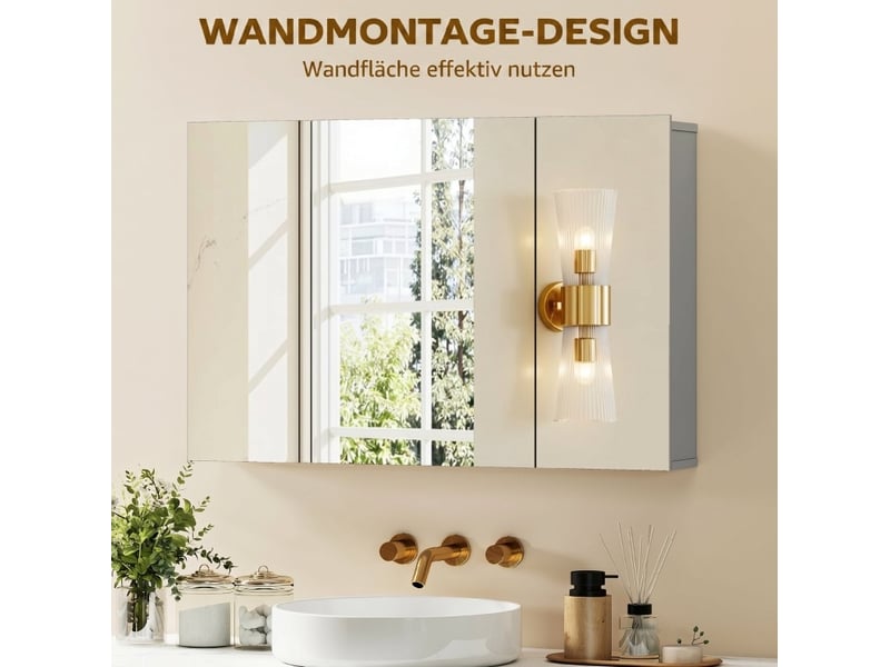  Armoire de toilette murale 90x15x60 cm, 3 portes miroir, mdf, gris  - Conforama D