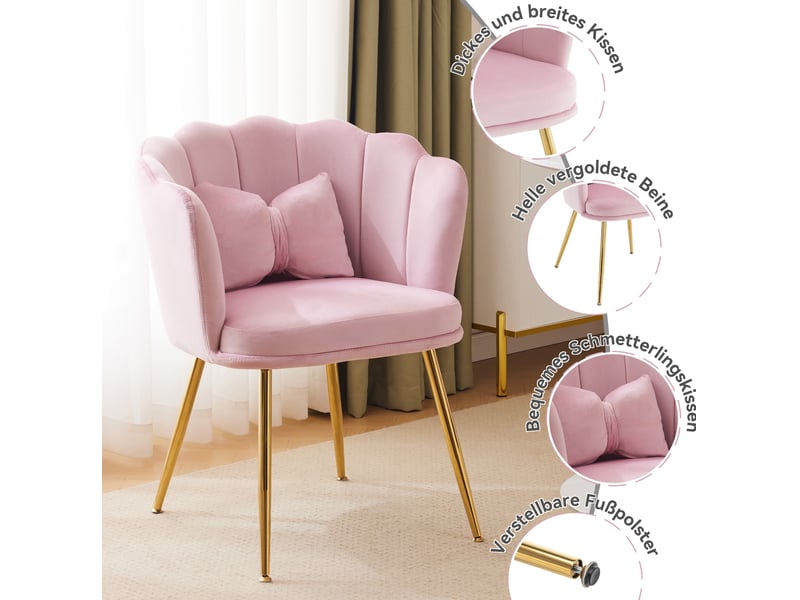  Lot de 4 fauteuils design 63x58x77 cm, dossier pétale, coussin papillon, pieds en métal doré, velours rose  - Conforama E
