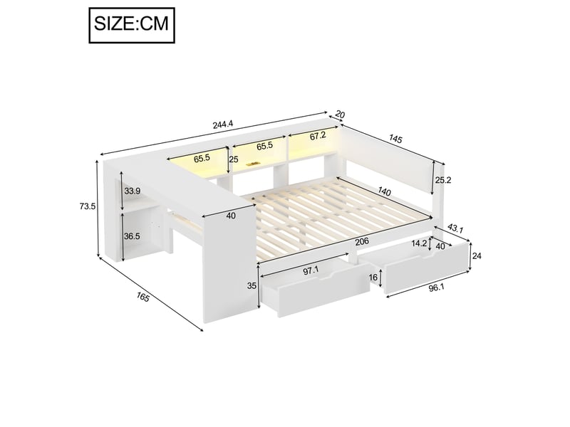  Lit plateforme 140x200 cm avec tiroirs, étagères, led et station de charge blanc  - Conforama C