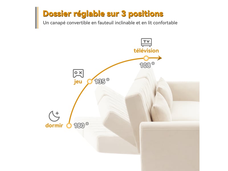 Canapé convertible, 180x75x82 cm, 2 places avec dossier réglable, velours, beige - Conforama E