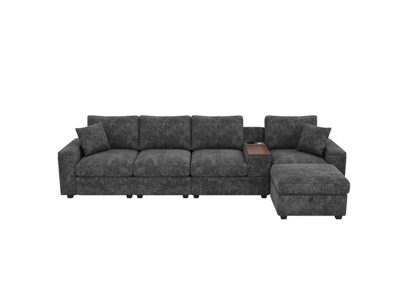  Canapé d'angle modulable gris 5 places avec pouf - tissu chenille, ports usbtype-c, table pivotante  - Conforama W