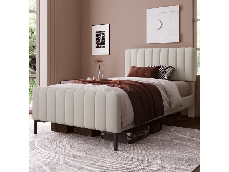  Lit simple 90x200 cm avec sommier à lattes et tête de lit réglable, lit adulte, cadre de lit, matériau lin  - Conforama A