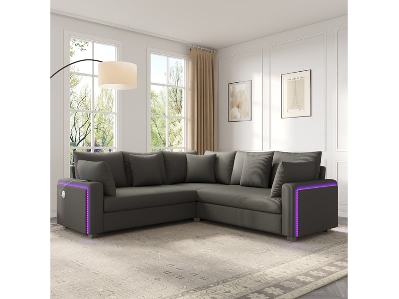 Canapé d'angle tcqpz en l 198 x 198 cm 5 places avec led et ports usb usb-c velours côtelé gris - Conforama D