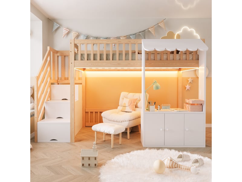  Lit mezzanine 90x200 cm avec rangement intégré et led multicolore - lit enfant avec escalier de rangement - bois naturel  - Conforama D