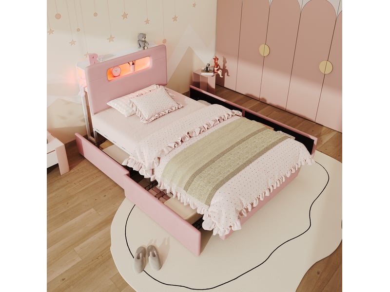  Lit jeune 90x200 cm, lit simple avec 4 tiroirs, tête de lit avec rangement, led, mdf, velours couleur rose, sans matelas  - Conforama E