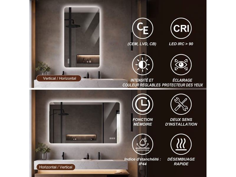  Miroir led de salle de bains 60 x 80 cm, antibuée et dimmable  - Conforama D