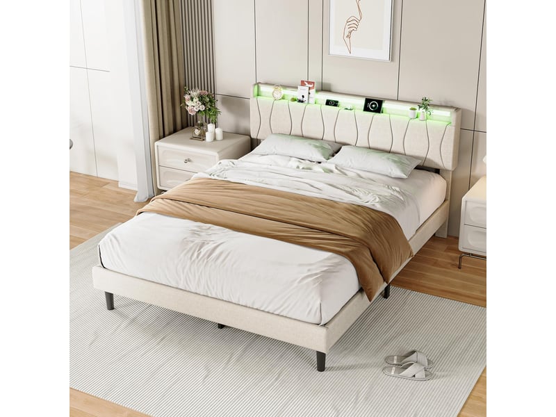  Lit 140x200cm - lit double 140x200 en lin avec tête de lit lumineuse, rangement, prises usbtype-c, éclairage led rgb - beige  - Conforama C
