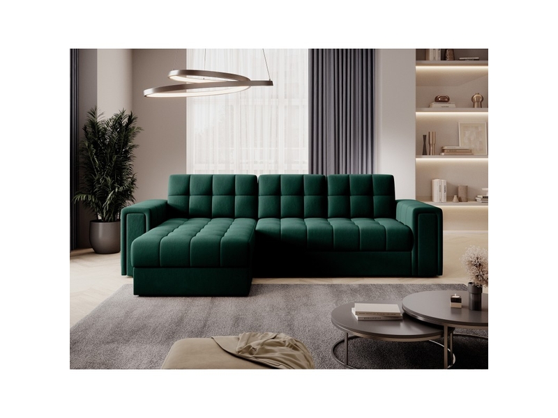 Canapé d'angle convertible kapitara vert réversible avec coffre de rangement - Conforama C