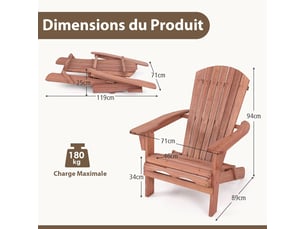 Lot de 2 chaises adirondack, chaise d'extérieur pliable avec cadre en bois massif,capacité 180 kg, pour terrasse, jardin, bord de piscine