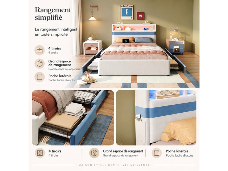  Lit rembourré enfant 140x200 cm avec 4 tiroirs, led, ports usb, poches latérales et tête de lit à rangement, blanc et bleu  - Conforama B