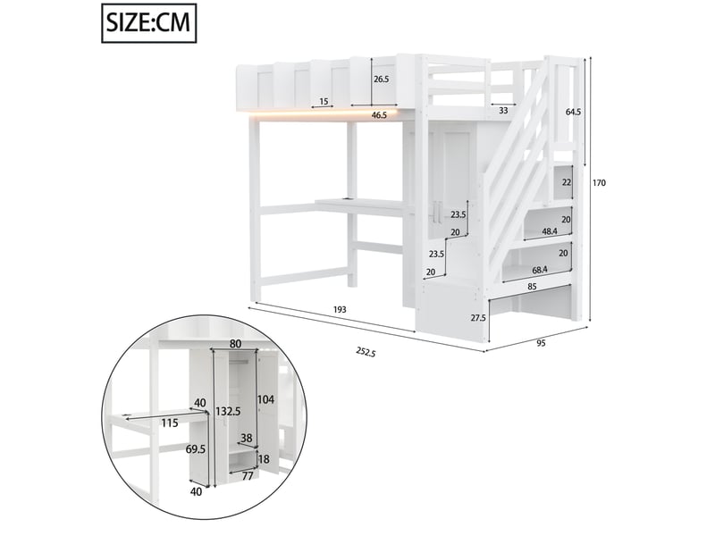  Lit mezzanine enfant 90x200 cm – blanc – bureau, armoire, escalier de rangement, led et prises – sans matelas  - Conforama C
